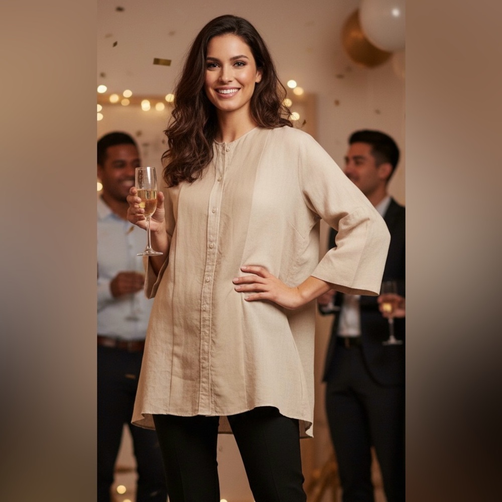 JOSEPH THEA Ramie Voile + GGT Silk 3/4 Tan sleeve tunic top sz 36 Quiet Luxury